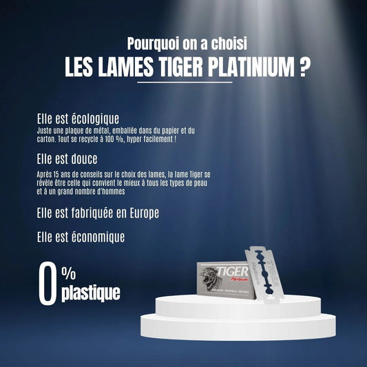 Optez pour les lames Tiger Platinum : fabriquées en Europe, 100% recyclables et sans plastique. Des lames douces et économiques adaptées à tous les types de peaux et de barbes.