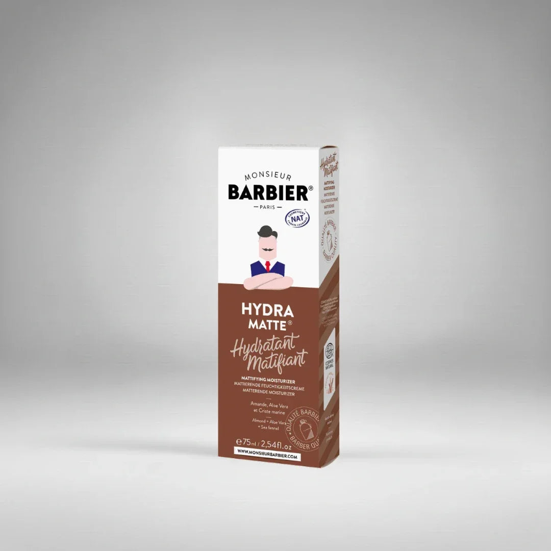 Boîte de la crème visage "Hydra Matte" de Monsieur Barbier. Un soin hydratant et matifiant certifié par Ecocert, idéal pour unifier le teint et régénérer la peau masculine.