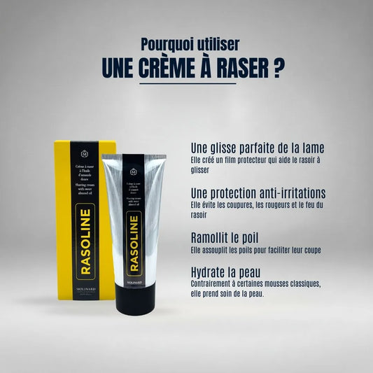 Pourquoi utiliser une crème à raser : elle ramollit le poil et crée un film protecteur pour une glisse du rasoir sans coupures, tout en hydratant intensément la peau.