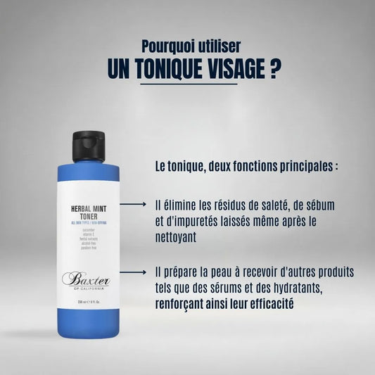 Perfectionnez votre nettoyage avec le tonique visage Herbal Mint Baxter of California. Il élimine les derniers résidus d'impuretés et de sébum tout en préparant idéalement la peau à recevoir ses soins hydratants.