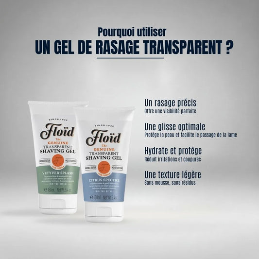 Pourquoi utiliser un gel de rasage transparent ? Pour un rasage de précision grâce à une visibilité parfaite, sans mousse, idéal pour tracer les contours.