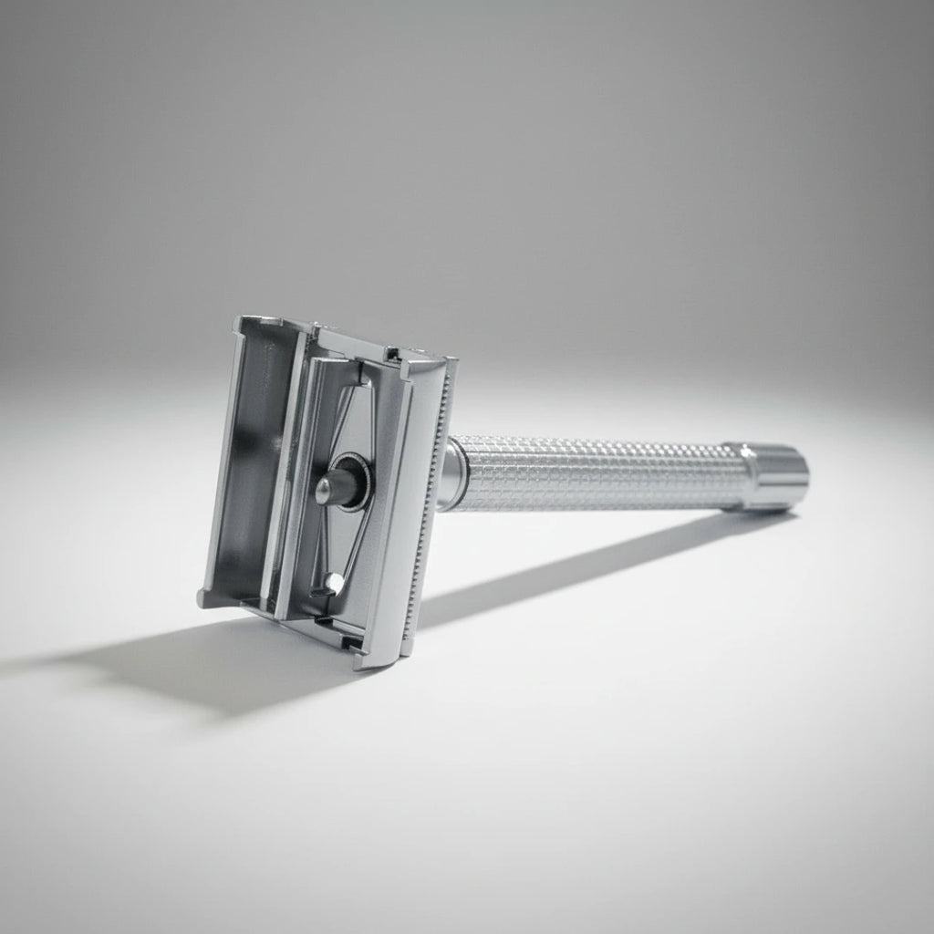 Rasoir de sûreté chrome à ouverture "papillon" déployé pour un remplacement facile et sécurisé de la lame de rasoir.