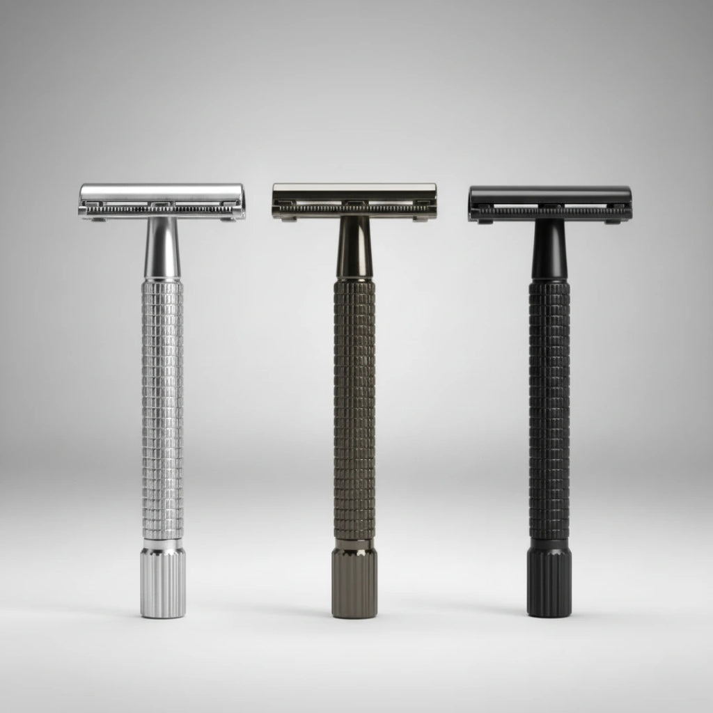 Comparaison de trois rasoirs de sûreté à ouverture papillon, en finitions argentée, gunmetal et noire. Choisissez le style qui convient à votre kit de rasage traditionnel.