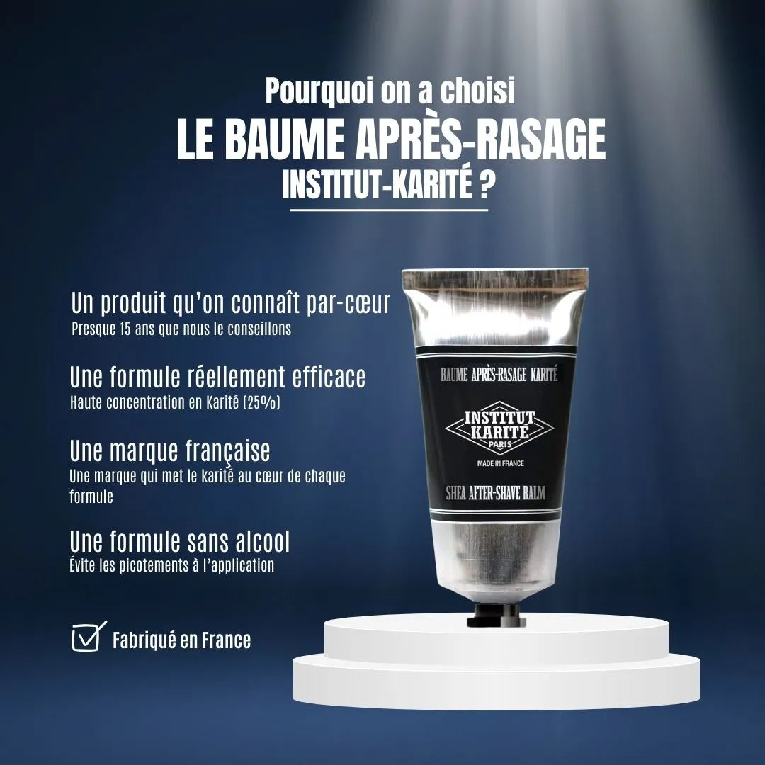 Apaisez le feu du rasoir avec le baume Institut Karité. Une formule française sans alcool, concentrée à 25% de karité pour une nutrition intense et une action cicatrisante.