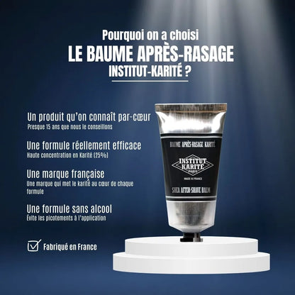 Apaisez le feu du rasoir avec le baume Institut Karité. Une formule française sans alcool, concentrée à 25% de karité pour une nutrition intense et une action cicatrisante.