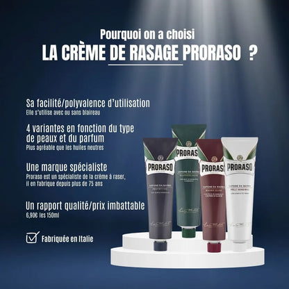 La crème de rasage Proraso : un rapport qualité/prix imbattable (6,90€) pour une marque spécialiste italienne plébiscitée par les barbiers depuis plus de 75 ans.