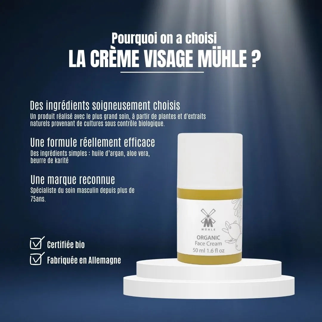 Hydratez intensément votre peau avec la crème visage bio Mühle. Fabriquée en Allemagne à base d'huile d'argan et d'aloe vera pour un confort immédiat des peaux sèches.