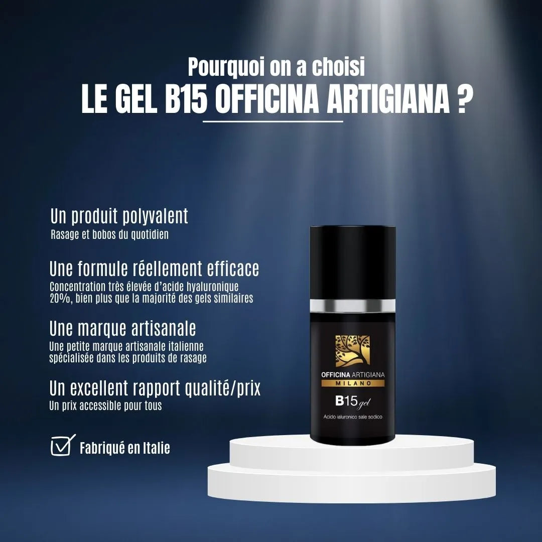 Réparez votre peau avec le gel B15 d'Officina Artigiana. Hautement concentré en acide hyaluronique, il apaise irritations et brûlures sans laisser de film gras.