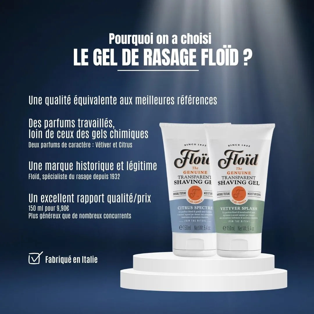 Le gel de rasage Floïd : une marque historique depuis 1932 proposant des parfums de caractère (Vétyver, Citrus) et une glisse optimale pour un prix généreux.