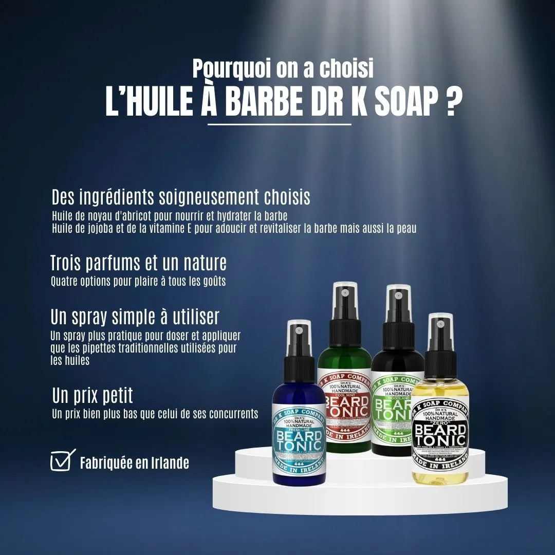 Nourrissez votre barbe avec l'huile Dr K Soap, riche en noyau d'abricot et jojoba. Un format spray pratique, quatre options de parfums et un prix mini pour un soin de haute qualité fabriqué en Irlande.