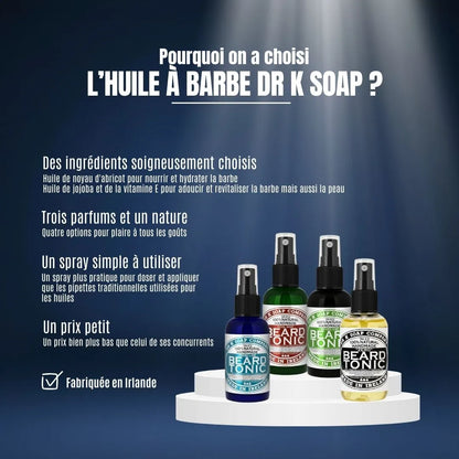 Nourrissez votre barbe avec l'huile Dr K Soap, riche en noyau d'abricot et jojoba. Un format spray pratique, quatre options de parfums et un prix mini pour un soin de haute qualité fabriqué en Irlande.