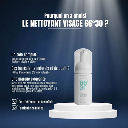 Purifiez votre peau avec le nettoyant 66°30. Un soin ultra-doux certifié Ecocert qui régule le sébum et préserve l'hydratation avec 100% d'ingrédients naturels.