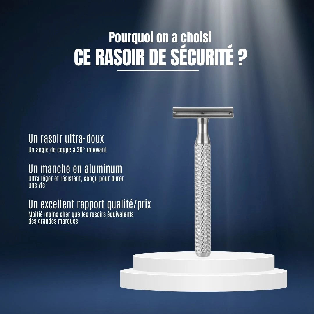 Pourquoi choisir ce rasoir de sécurité ultra-doux en aluminium ? Un design durable, un angle de coupe de 30° innovant et le meilleur rapport qualité/prix du marché.