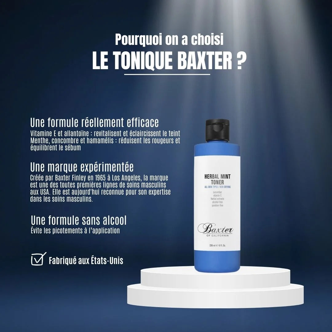 Tonique visage Baxter of California : élimine les résidus et prépare la peau à l'hydratation. Formule sans alcool à la menthe et concombre, fabriquée aux États-Unis.