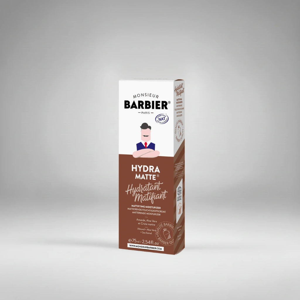 Boîte de la crème visage "Hydra Matte" de Monsieur Barbier. Un soin hydratant et matifiant certifié par Ecocert, idéal pour unifier le teint et régénérer la peau masculine.