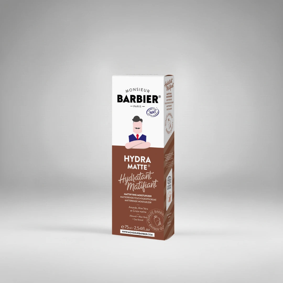 Boîte de la crème visage "Hydra Matte" de Monsieur Barbier. Un soin hydratant et matifiant certifié par Ecocert, idéal pour unifier le teint et régénérer la peau masculine.