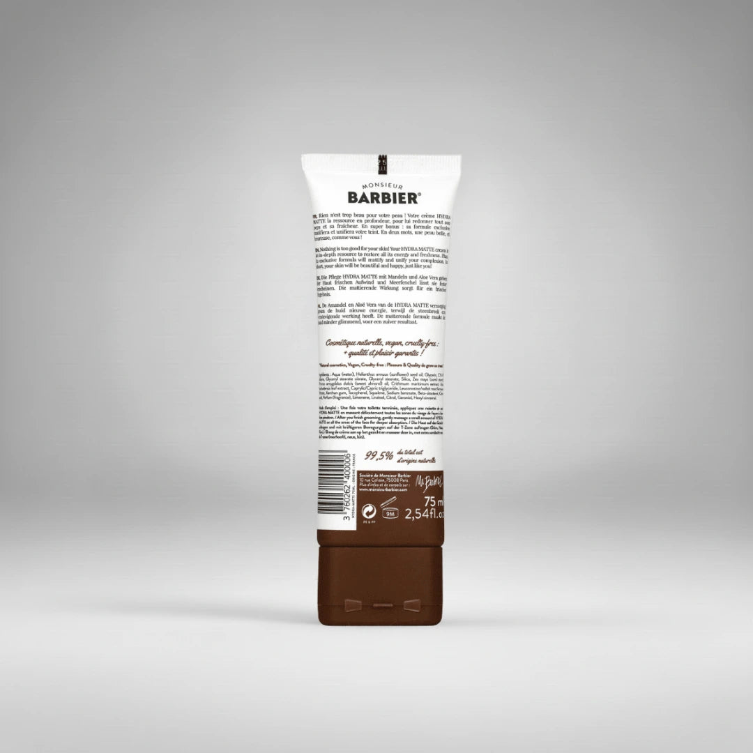 Vue arrière du tube Hydra Matte de Monsieur Barbier détaillant sa composition naturelle, vegan et cruelty-free pour un soin du visage respectueux et efficace.