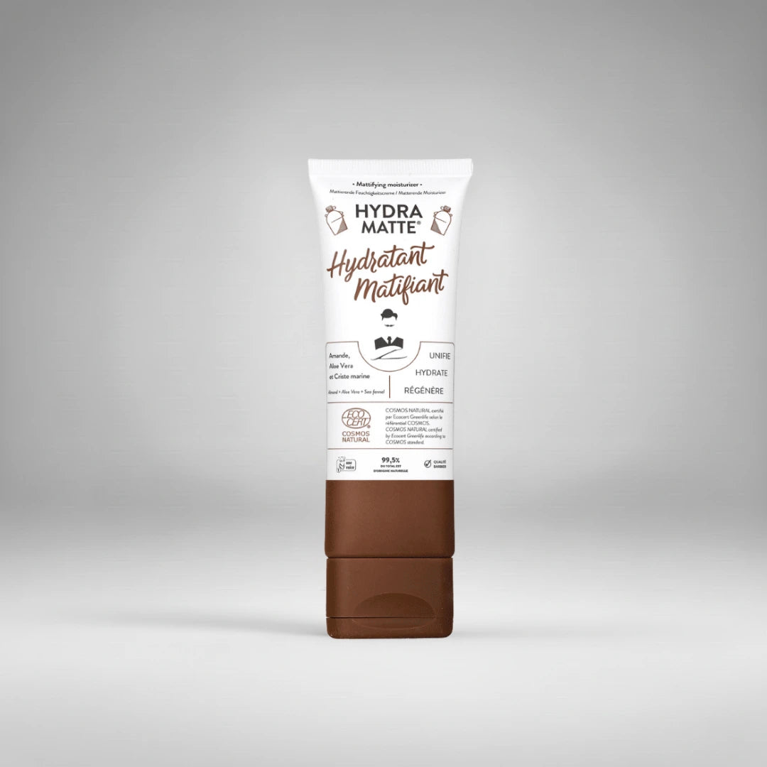 Tube de 75ml de l'hydratant matifiant "Hydra Matte" Monsieur Barbier. Sa formule à base d'amande douce, d'aloe vera et de criste marine est composée à 99,5% d'ingrédients d'origine naturelle.