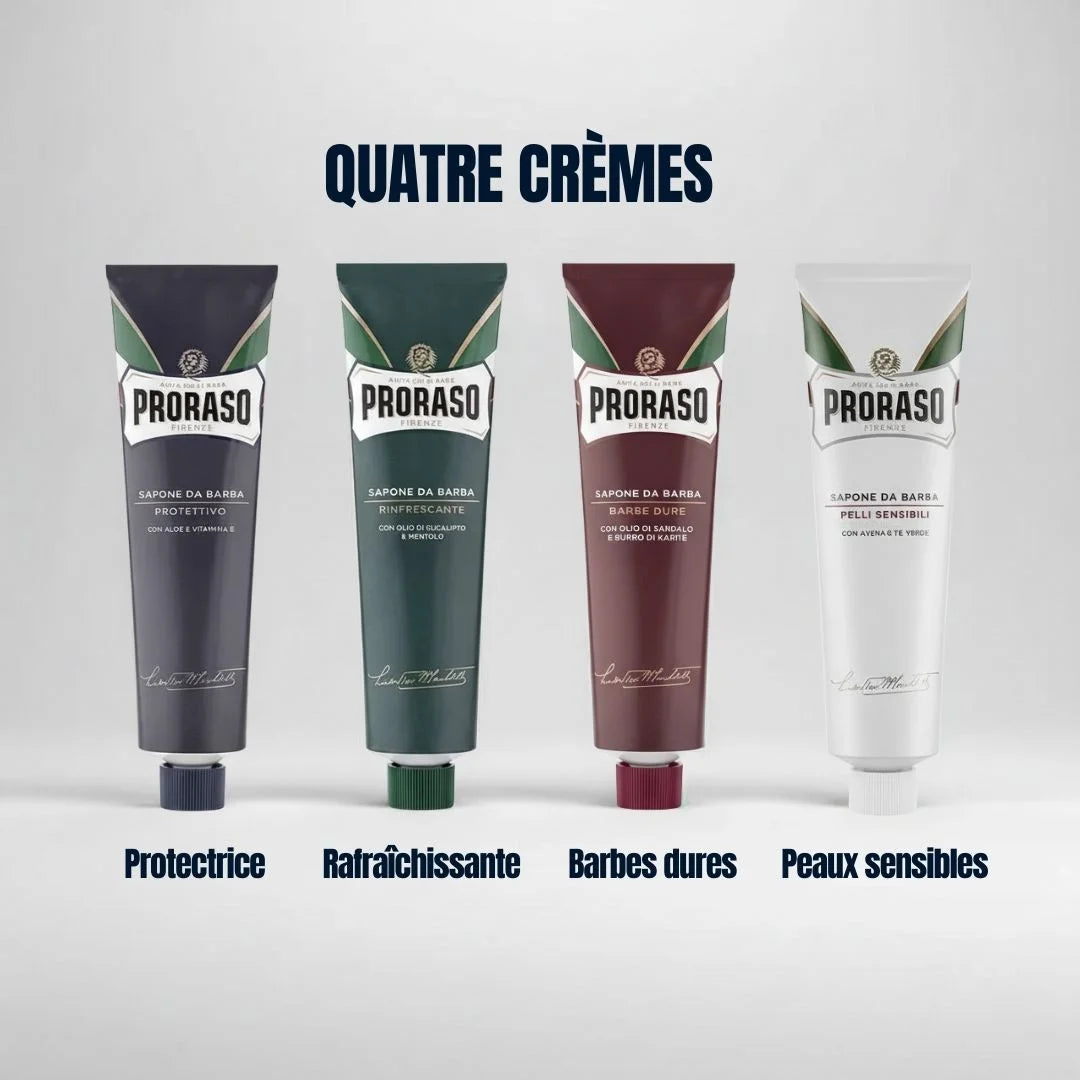 Trouvez votre crème Proraso idéale : Protectrice (Aloe), Rafraîchissante (Menthol), Barbes dures (Santal) ou Peaux sensibles (Avoine). Fabriquées en Italie.