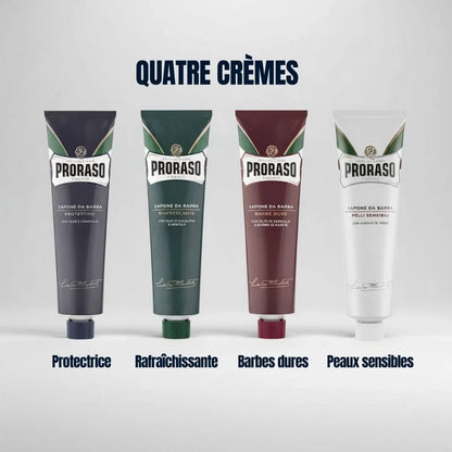 Trouvez votre crème Proraso idéale : Protectrice (Aloe), Rafraîchissante (Menthol), Barbes dures (Santal) ou Peaux sensibles (Avoine). Fabriquées en Italie.