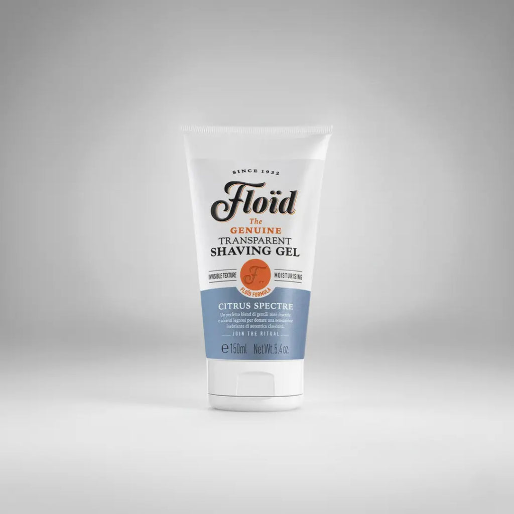 Gel de rasage transparent Floïd Citrus Spectre (150ml). Sa texture invisible et hydratante permet un rasage de précision avec des notes fraîches d'agrumes et de patchouli.