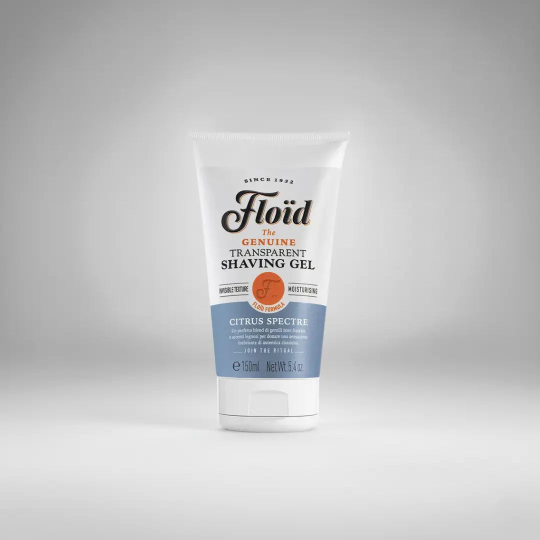 Gel de rasage transparent Floïd Citrus Spectre (150ml). Sa texture invisible et hydratante permet un rasage de précision avec des notes fraîches d'agrumes et de patchouli.