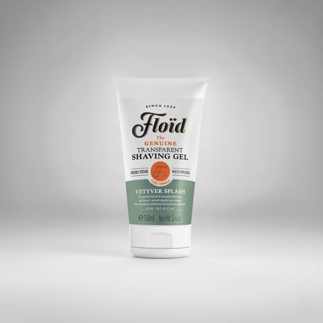 Gel de rasage transparent Floïd vetiver Spectre (150ml). Sa texture invisible et hydratante permet un rasage de précision au parfum sophistiqué de vétiver et de bois de gaïac.