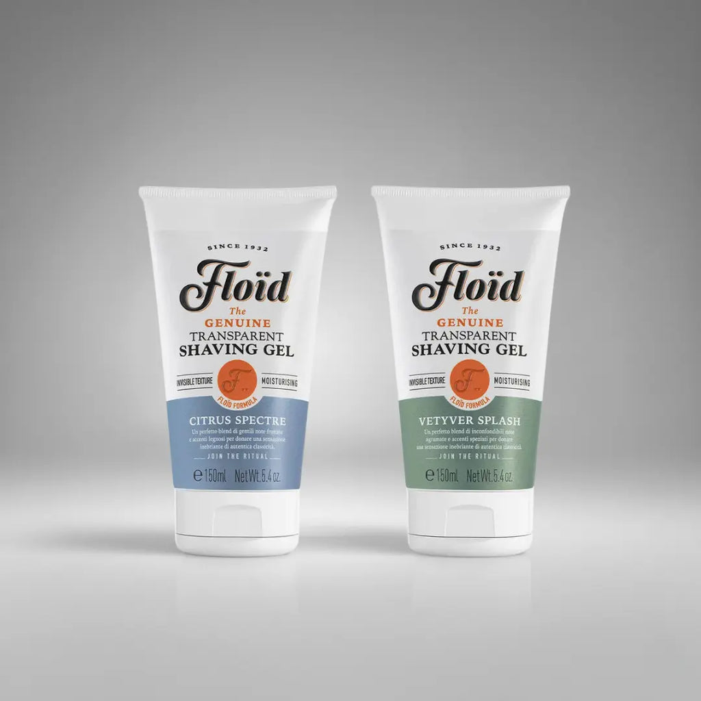 Découvrez les gels de rasage transparents Floïd. Un texture invisible  pour un rasage précis et confortable.  Ils sont idéals pour sculpter les contours de la barbe