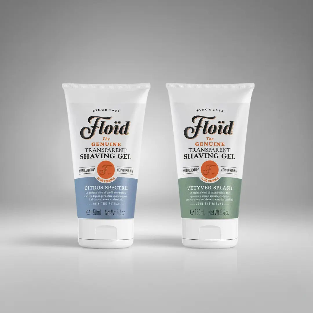 Découvrez les gels de rasage transparents Floïd. Un texture invisible  pour un rasage précis et confortable.  Ils sont idéals pour sculpter les contours de la barbe