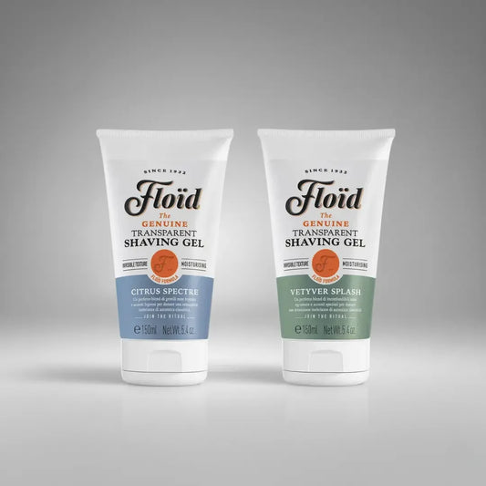 Découvrez les gels de rasage transparents Floïd. Un texture invisible  pour un rasage précis et confortable.  Ils sont idéals pour sculpter les contours de la barbe