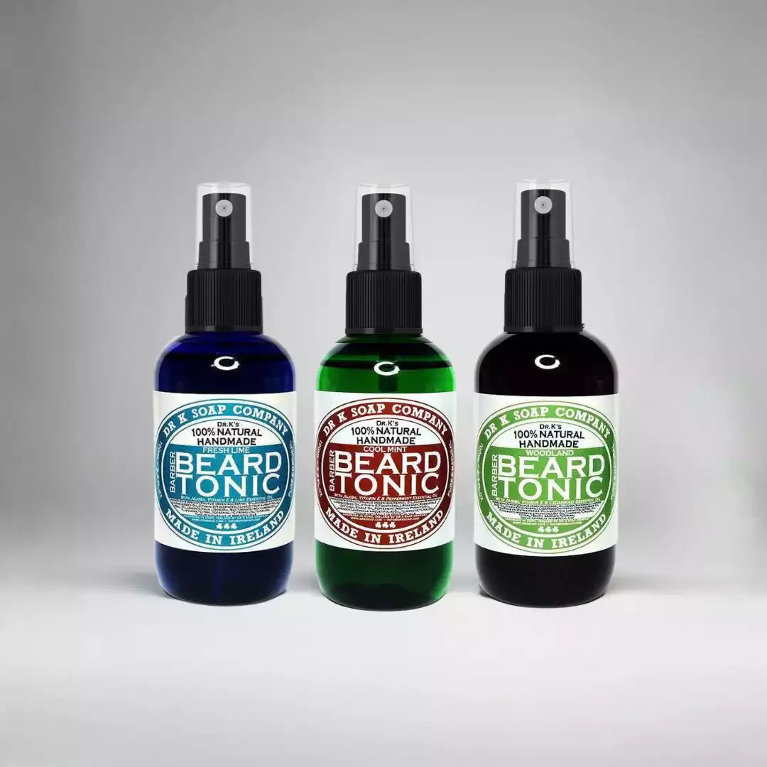 Présentation de la gamme Dr K Soap Company des huile pour la barbe : Fresh Lime, Cool Mint, Woodland et Zero. Des huiles artisanales fabriquées en Irlande pour un entretien complet et naturel.