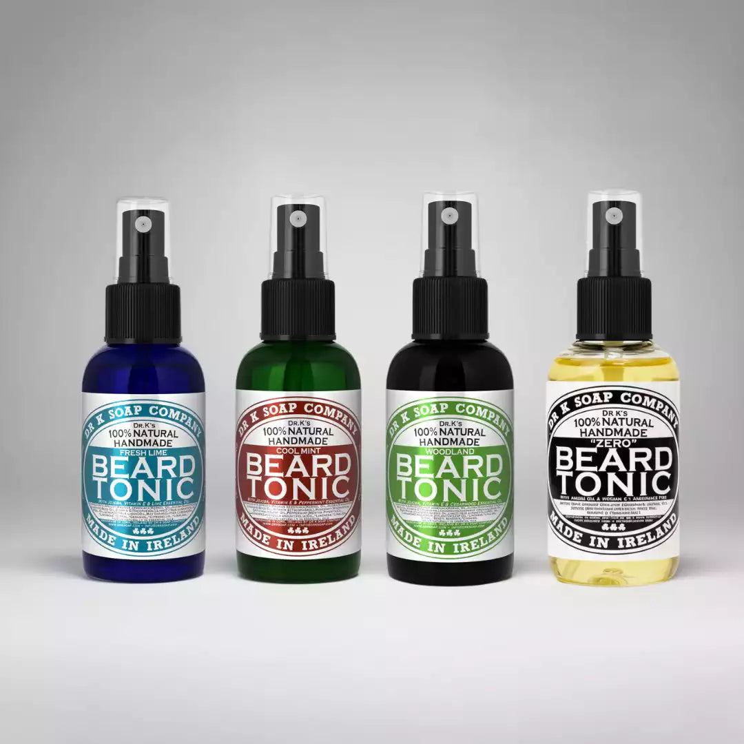 Présentation de la gamme Dr K Soap Company des huile pour la barbe : Fresh Lime, Cool Mint, Woodland et Zero. Des huiles artisanales fabriquées en Irlande pour un entretien complet et naturel.