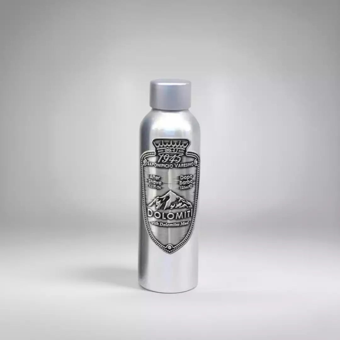 Lotion après-rasage Dolomiti de Saponificio Varesino (100ml) en flacon métallique élégant. Un soin artisanal italien riche en principes actifs pour apaiser et régénérer la peau après le rasage.