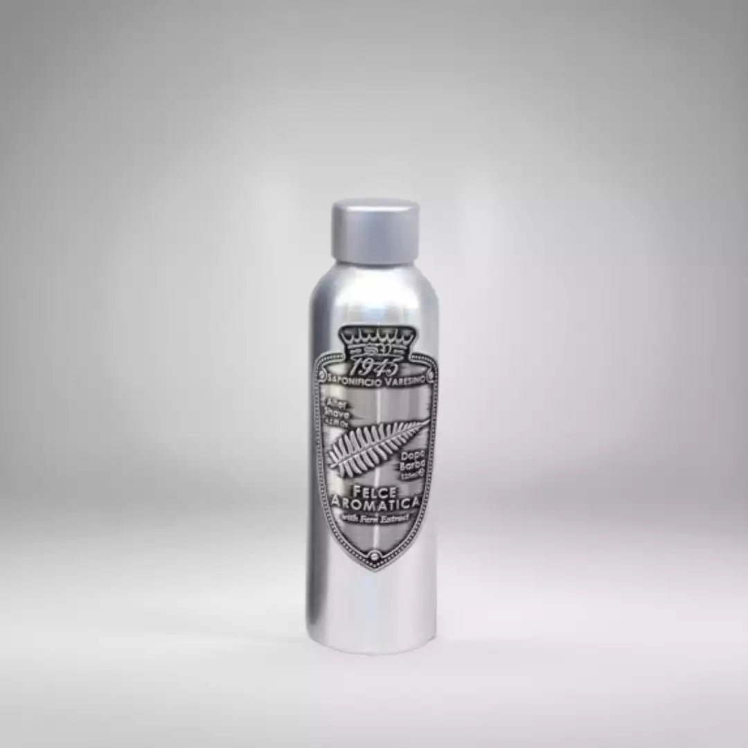 Lotion après-rasage Felce de Saponificio Varesino (100ml) en flacon métallique élégant. Un soin artisanal italien riche en principes actifs pour apaiser et régénérer la peau après le rasage.