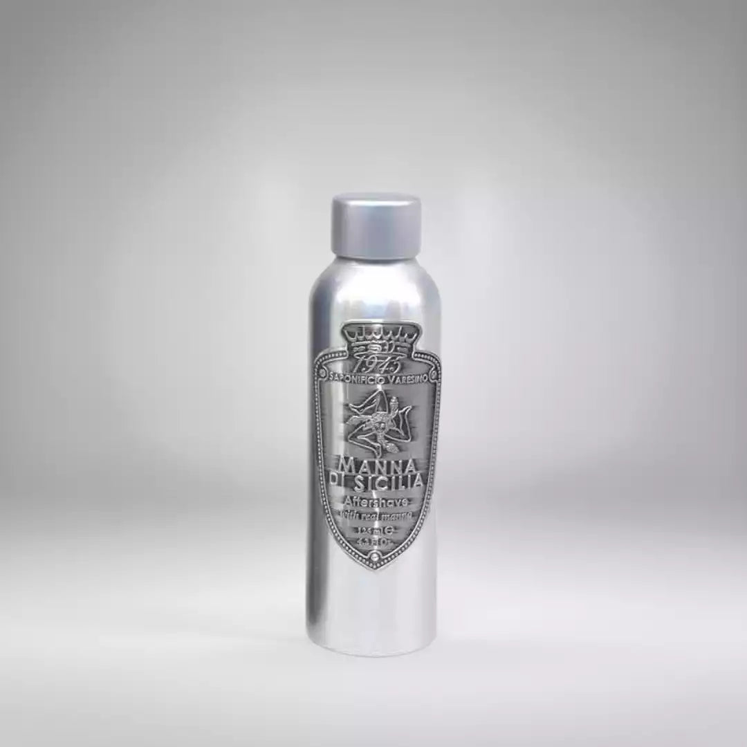 Lotion après-rasage Manna di Sicilia de Saponificio Varesino (100ml) en flacon métallique élégant. Un soin artisanal italien riche en principes actifs pour apaiser et régénérer la peau après le rasage.