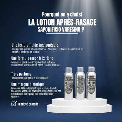 Découvrez l'excellence italienne avec la lotion après-rasage Saponificio Varesino. Une formule riche aux actifs apaisants, une texture fluide pénétrante et trois parfums historiques au choix.