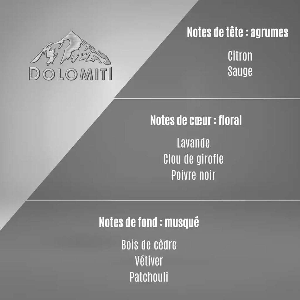 Pyramide olfactive Dolomiti : un sillage masculin débutant sur le citron et la sauge, évoluant vers un cœur floral (lavande, poivre noir) pour finir sur un fond musqué de vétiver.