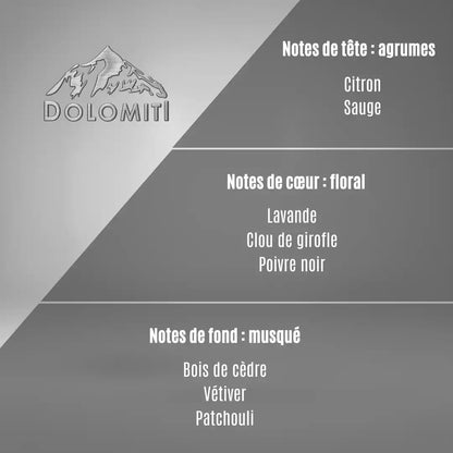 Pyramide olfactive Dolomiti : un sillage masculin débutant sur le citron et la sauge, évoluant vers un cœur floral (lavande, poivre noir) pour finir sur un fond musqué de vétiver.