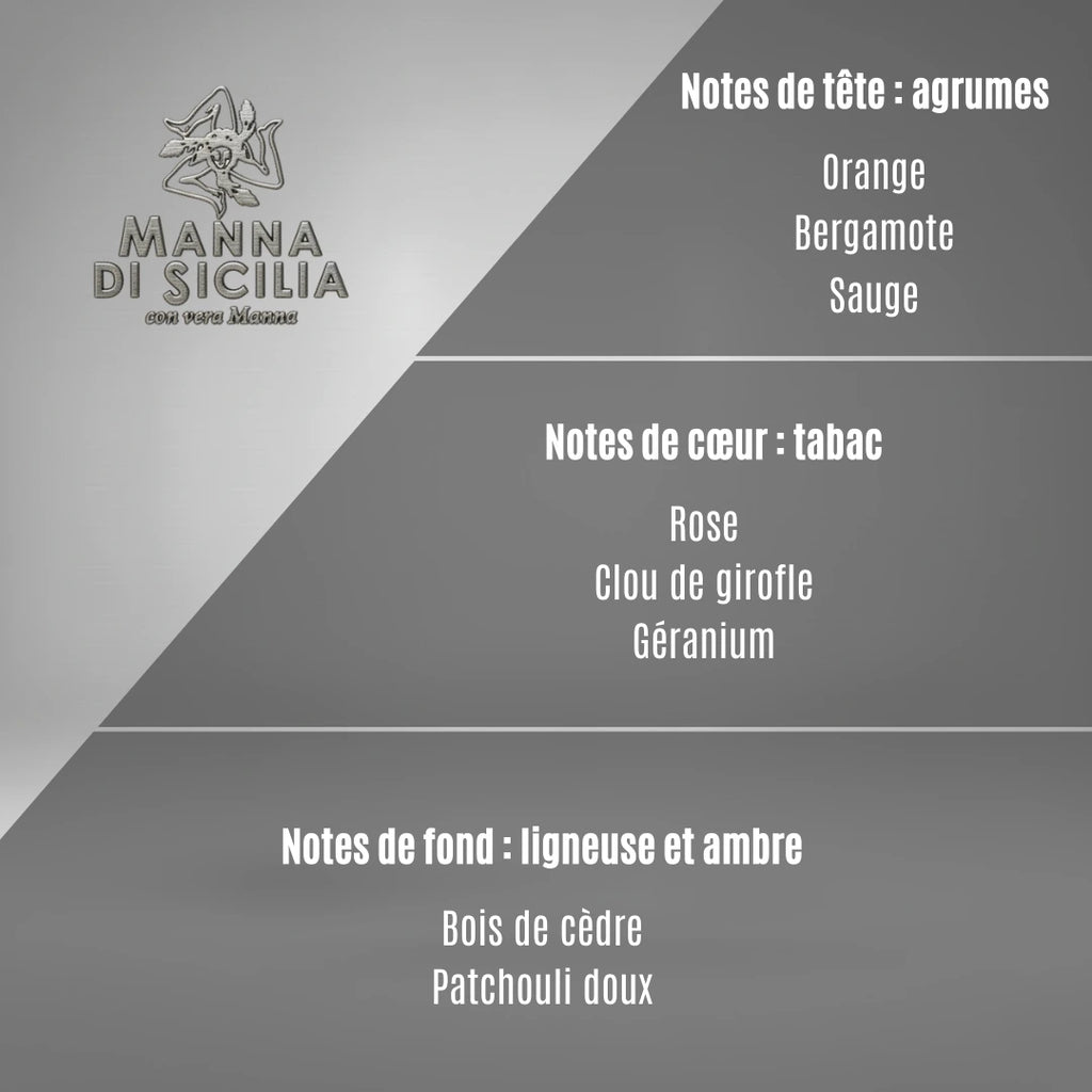 Pyramide olfactive Manna di Sicilia : un parfum complexe avec des notes de tête d'agrumes (orange, bergamote), un cœur de tabac et rose, sur un fond boisé de cèdre et patchouli doux.