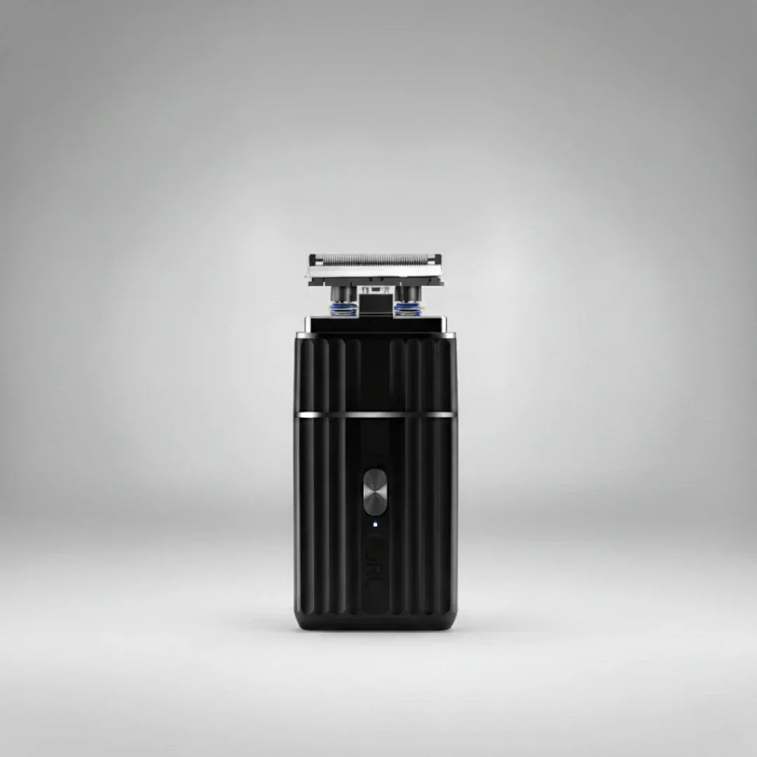 Vue du rasoir JRL Onyx sans son capot, révélant une tête de rasage de précision avec un système de suspension dynamique pour épouser parfaitement les contours du visage.