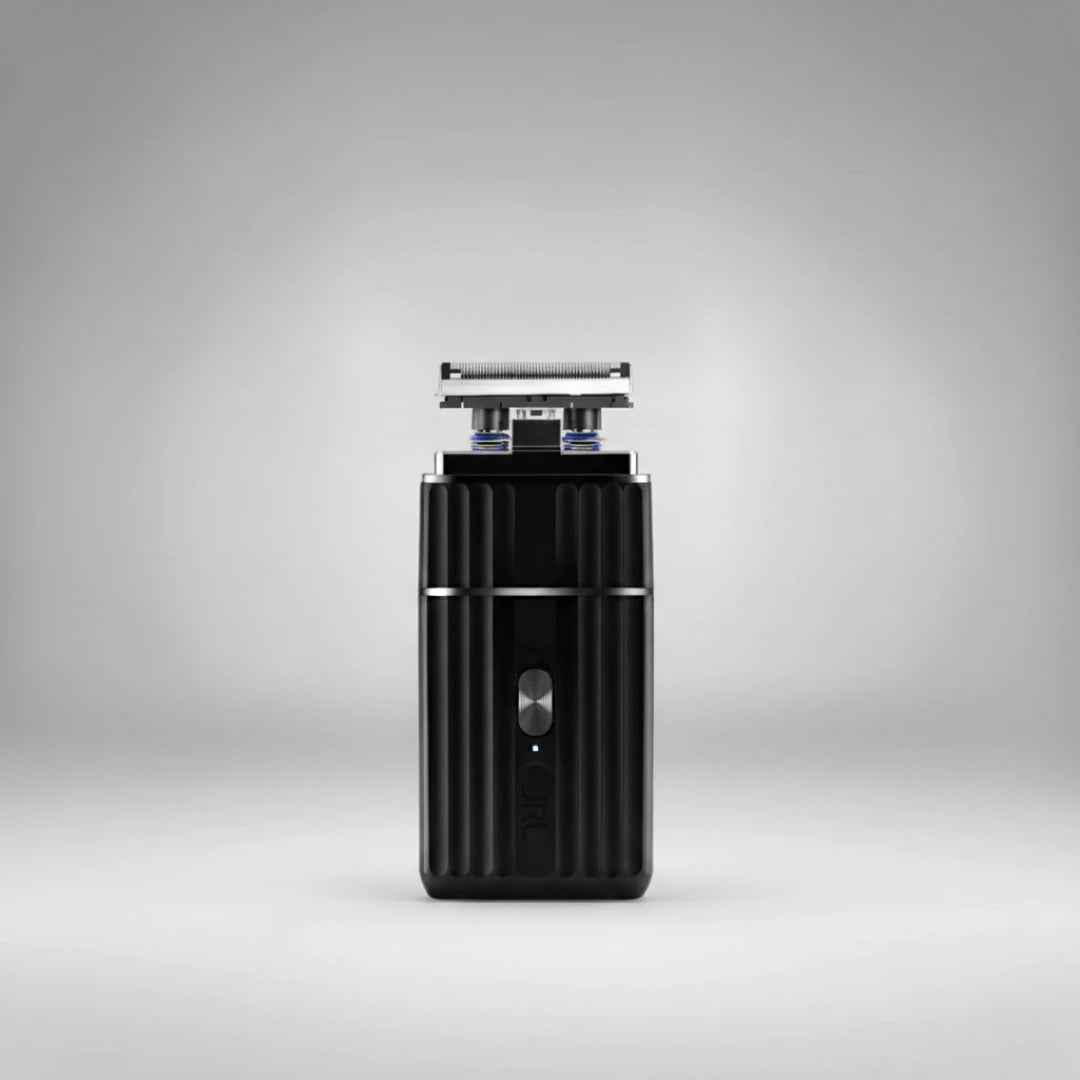 Vue du rasoir JRL Onyx sans son capot, révélant une tête de rasage de précision avec un système de suspension dynamique pour épouser parfaitement les contours du visage.