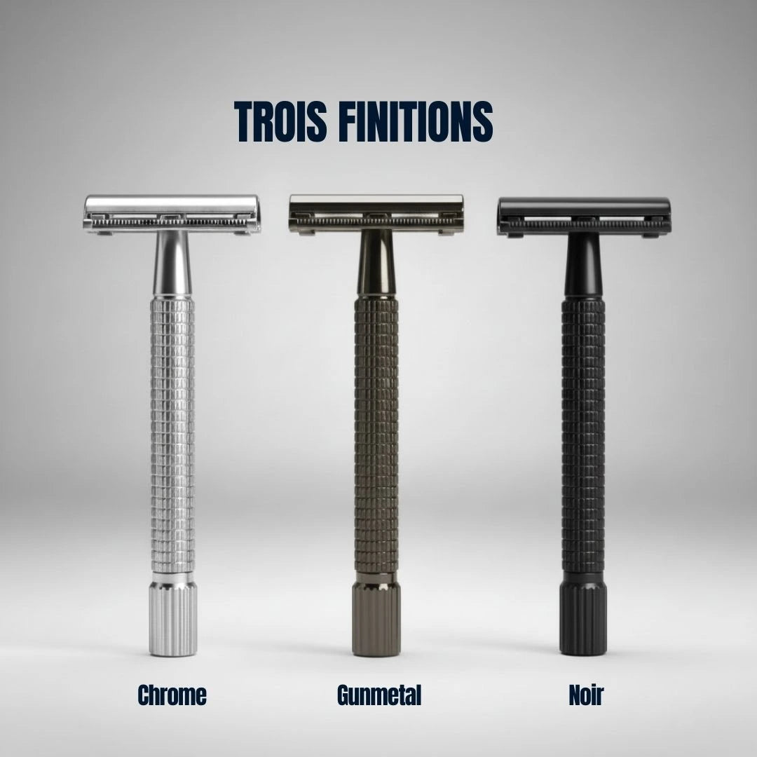 Trois finitions de rasoirs de sécurité : Chrome élégant, Gunmetal moderne ou Noir mat. Qualité premium et durabilité garanties.