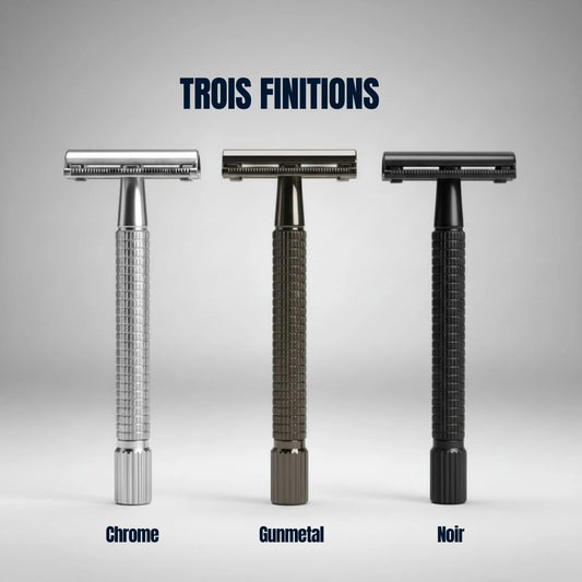 Trois finitions de rasoirs de sécurité : Chrome élégant, Gunmetal moderne ou Noir mat. Qualité premium et durabilité garanties.