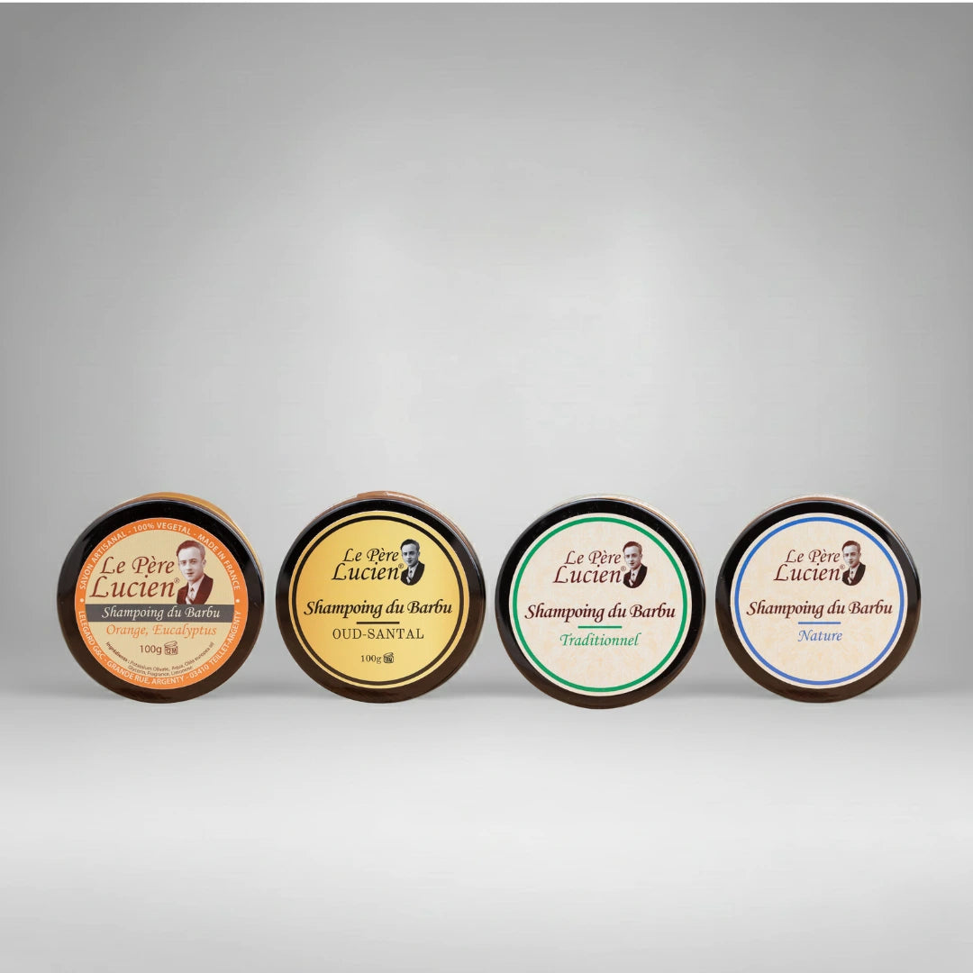 Présentation de la collection de shampoings pour barbe Le Père Lucien : Orange-Eucalyptus, Oud-Santal, Traditionnel et Nature. Des soins artisanaux français 100% végétaux pour l'entretien complet de la barbe.