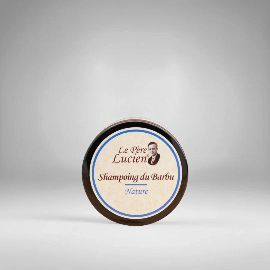 Shampoing du Barbu "Nature" Le Père Lucien. Un savon artisanal 100% végétal sans parfum, idéal pour nettoyer et adoucir la barbe des peaux les plus sensibles.