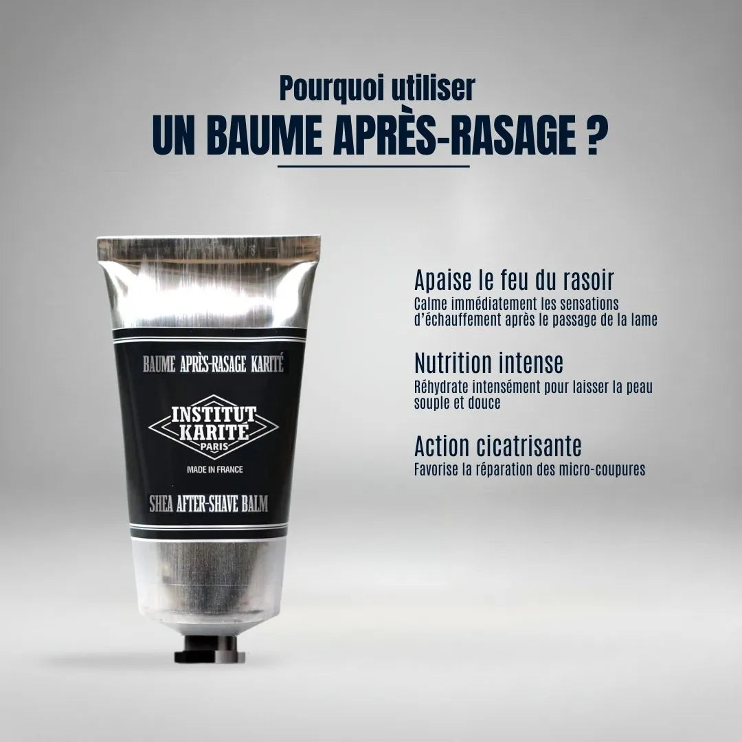 Apaisez instantanément le feu du rasoir avec un baume après-rasage. Une nutrition intense au beurre de karité pour cicatriser et adoucir la peau.
