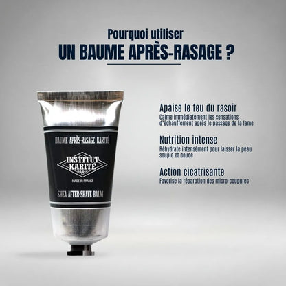 Apaisez instantanément le feu du rasoir avec un baume après-rasage. Une nutrition intense au beurre de karité pour cicatriser et adoucir la peau.