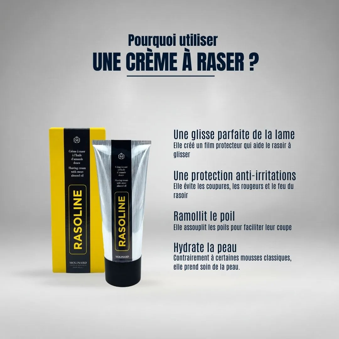 Pourquoi utiliser une crème à raser  : elle ramollit le poil et crée un film protecteur pour une glisse du rasoir sans coupures, tout en hydratant intensément la peau.