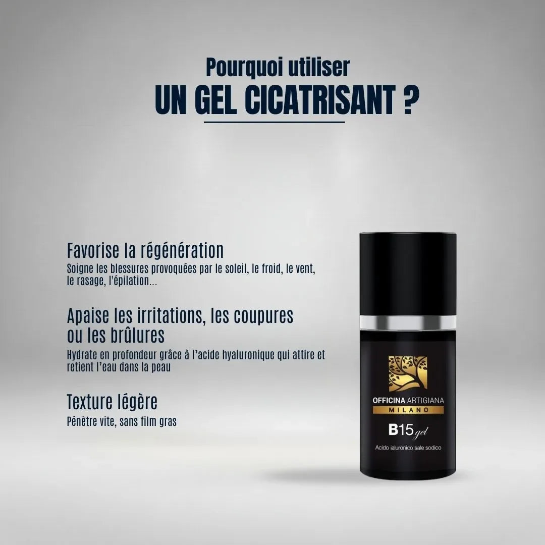 Soignez les micro-coupures et irritations avec un gel cicatrisant à l'acide hyaluronique. Une texture légère qui régénère la peau sans laisser de film gras.