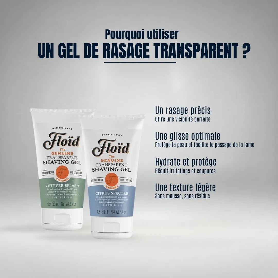 Pourquoi utiliser un gel de rasage transparent ? Pour un rasage de précision grâce à une visibilité parfaite, sans mousse, idéal pour tracer les contours.